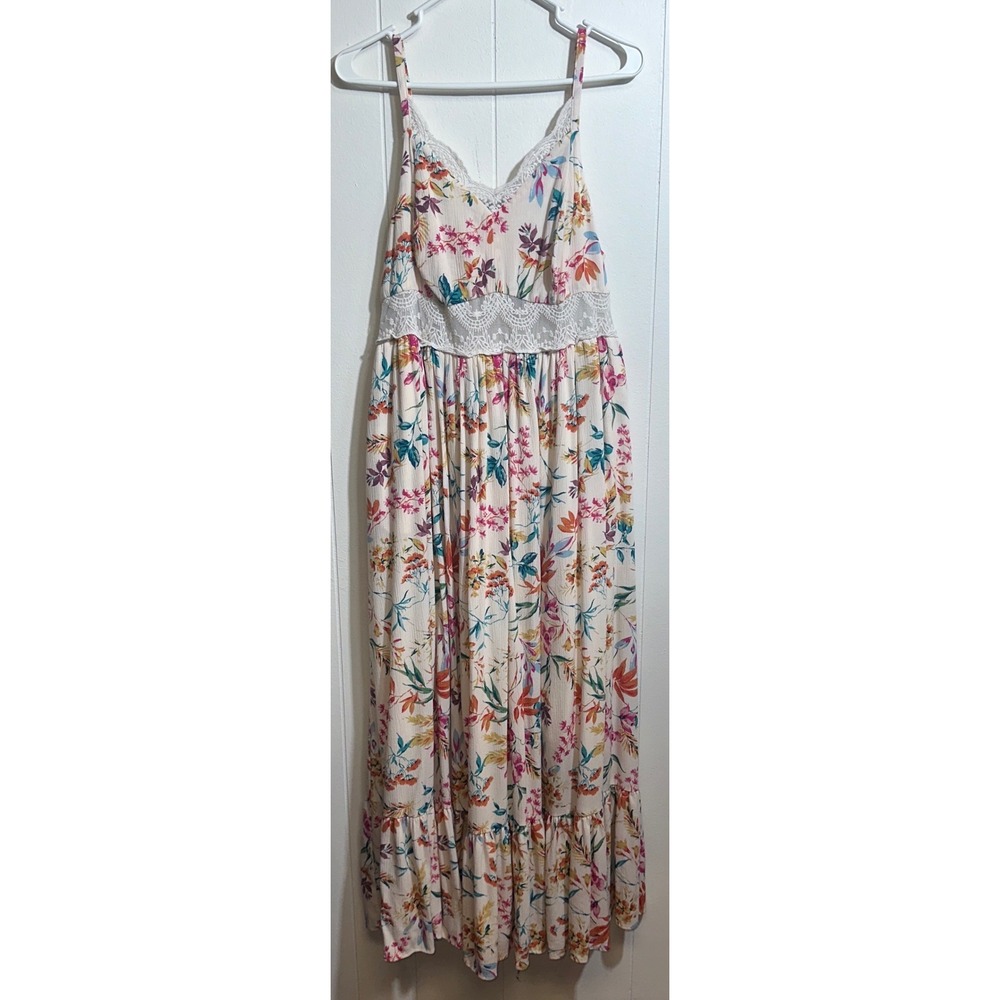 Torrid‎ Floral Lace Inset Maxi Dress Cream Pink Tiered Hem Pockets Size 0 L XL